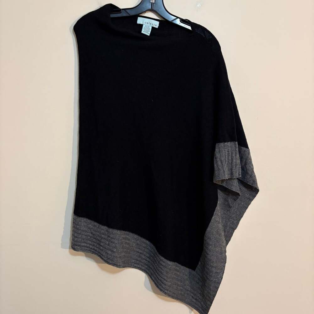 Celeste Poncho Womens One Size Black Wool Cashmere Blend Knit Gray Border